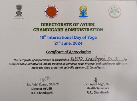 Certificate of Appreciation awarded to GRIID for International Day of Yoga, 21st June 2024